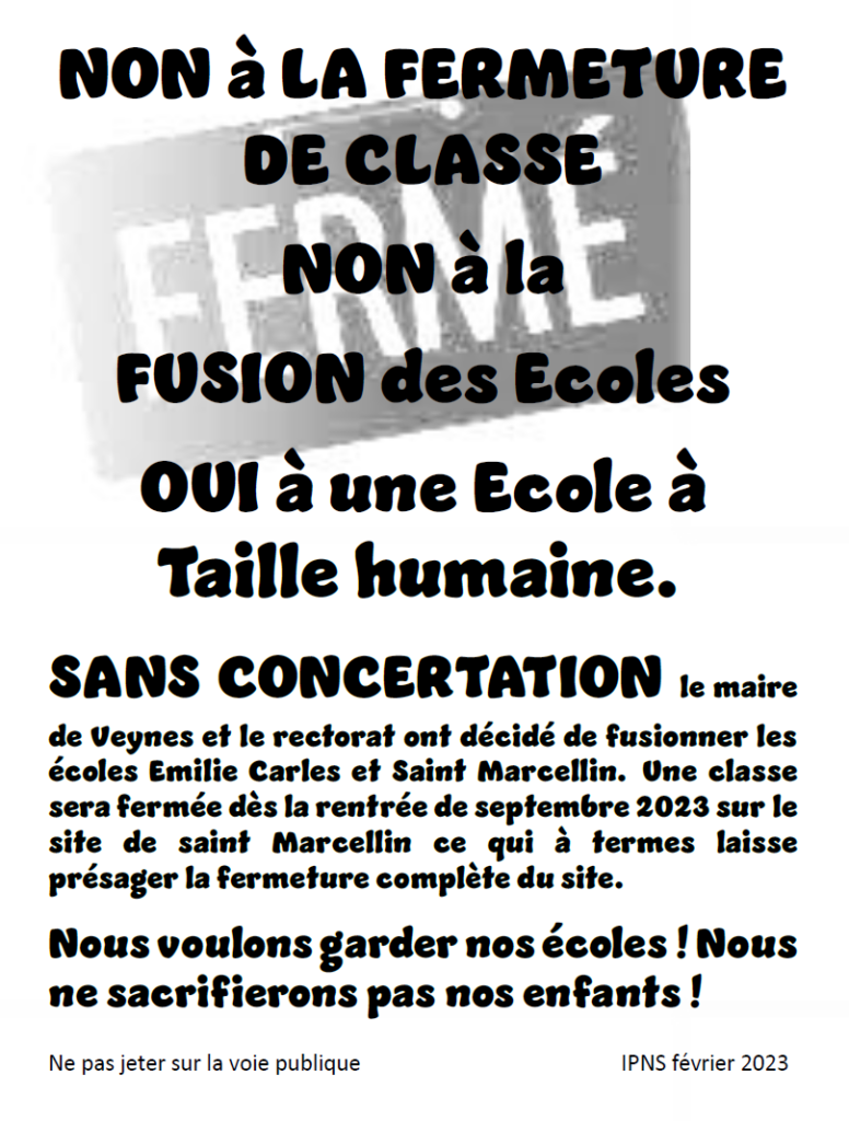 Non a la fermeture de classe.
Non a la fusion des ecoles.
Oui a une ecole a taille humaine